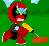 Lil' Strong Bad drilling a brick